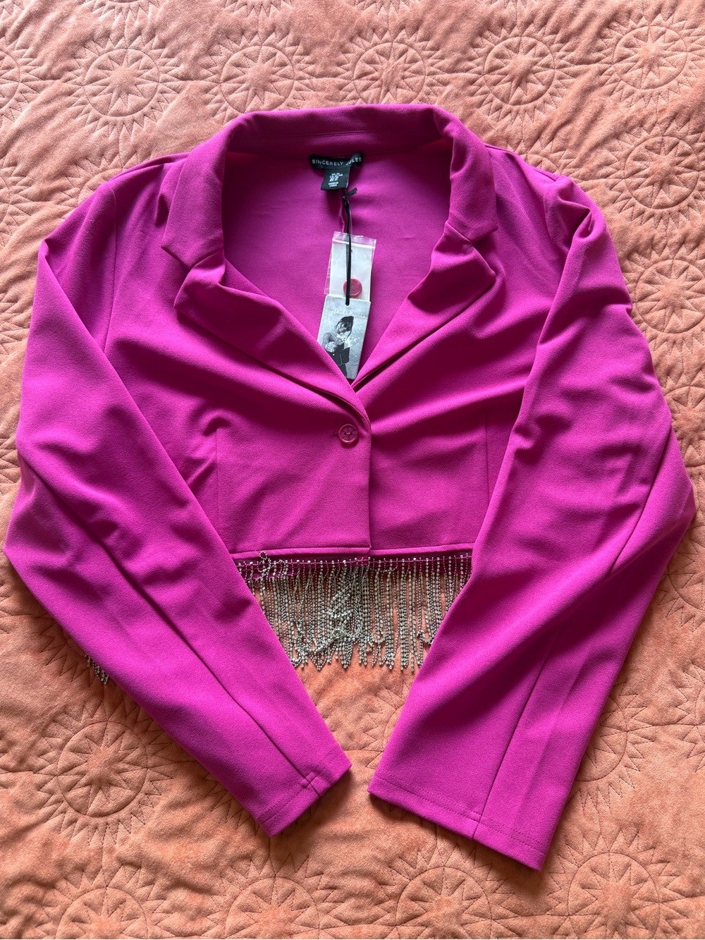 Sincerely Jules Magenta Cropped Blazer with Rhinestone Fringe Trim
